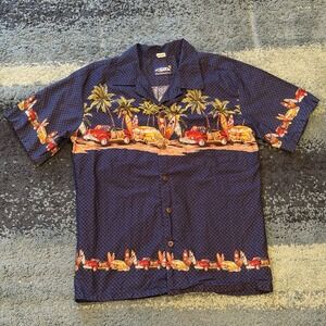 Palmwave Men's Medium Hawaiian Short Sleeve Button Up Shirt Surfboards Cars